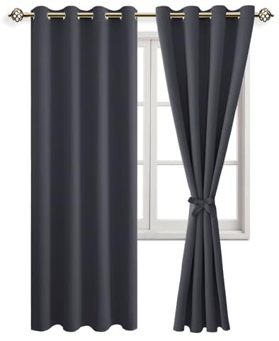 JIUZHEN Vorhang Blickdicht mit Raffhalter Verdunkelungsvorhänge Thermogardine Ösen Gardinen Ösenvorhang für Schlafzimmer Wohnzimmer, Dunkelgrau, 2 Stück, 245x140cm(HxB)