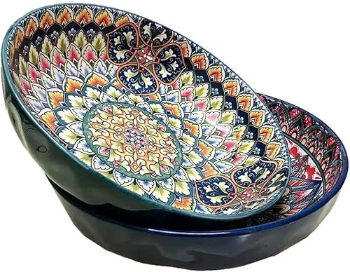 KKGUD Large Serving Bowls, 10 inches Ceramic Bowls for Pasta Noodles Salad Soup (2 Pack, Dark Blue and Dark Green)