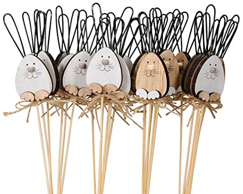 lustiger Kleiner Oster-Stecker Garten-Stecker Pick Blumen-Stecker Osterhase Langohr mit lustigem Gesicht in weiß und Hellbraun Sortiert (12)