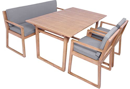 vanvilla Gartenmöbel Set Holz Tisch Bank 3-Sitzer 2 Sessel Auflage HELLGRAU
