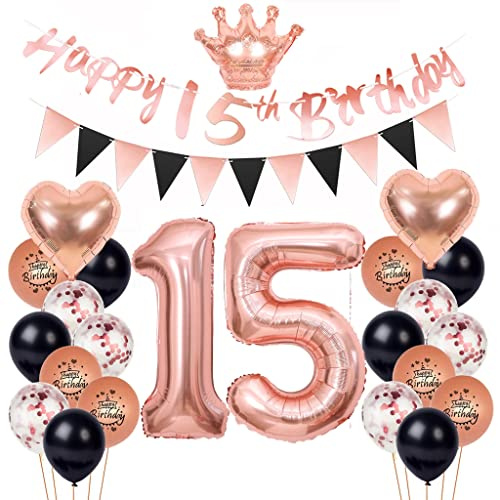 Décoration Anniversaire 15 Ans Fille - Ballons Or Rose et Noir - Kit Fête Déco