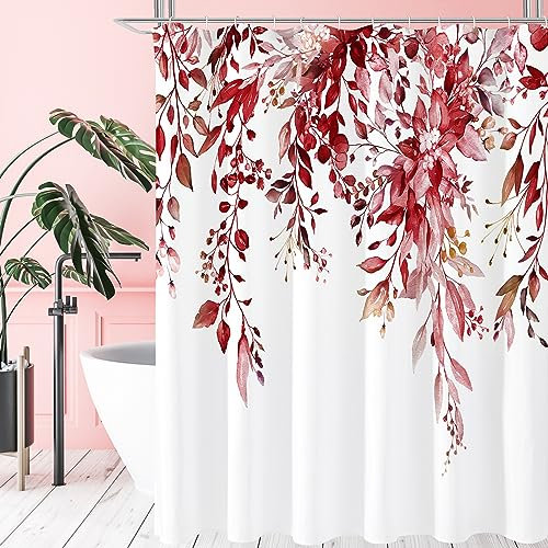 Gibelle Tenda da doccia extra lunga, 72 x 84 cm, alta colore rosso bordeaux floreale, tenda da doccia per bagno, set di tende da doccia in tessuto con foglie di eucalipto con ganci