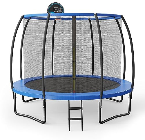 KOMFOTTEU Ø 305 cm Trampolin, Kindertrampolin mit Basketballkörbe & Leiter, rundes Gartentrampolin mit Sicherheitsnetz & Randabdeckung für Kinder & Erwachsene, Blau + Schwarz