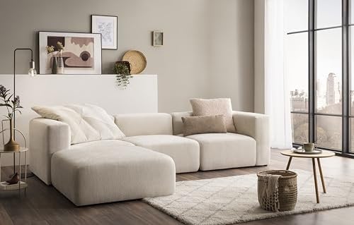 DOMO. collection Sofá esquinero Adrian Modular en Forma de L de 2 sillones esquineros, 1 sillón y 1 Taburete, sofá Modular, 4 Elementos tapizados, sofá esquinero de 301 x 193 x 69 cm, Color Crema
