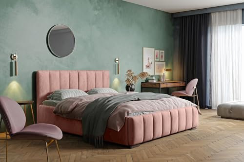 MARPUR Polsterbett Nero mit Kopfteil, 180x200 cm, Doppelbett mit Bettkasten und Lattenrost aus Holz, Velourstoff: Rosa