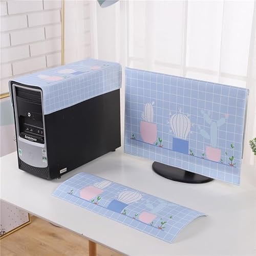 Hixingo 3 Pieces Set Computer Dirt-proof Cover, Desktop PC Dust Cover Protector Computer Screen Display Protective for 19-32 inch PC, Desktop and TV (Blue Lattice,19 inches)