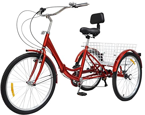 ZAANU 24 Zoll 7-Gang-Dreirad, faltbares 3-Rad-Fahrrad mit Korb-Rückenlehne für Erwachsene, Senioren, Outdoor-Sport, mit Schutzblechen und Doppelbremsen, Lastendreirad