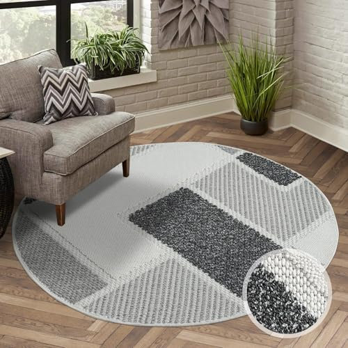 carpet city Teppich Kurzflor Wohnzimmer - Grau - 200x200 cm Rund - Teppiche Boho-Style - Geometrisches Muster - Schlafzimmer, Esszimmer