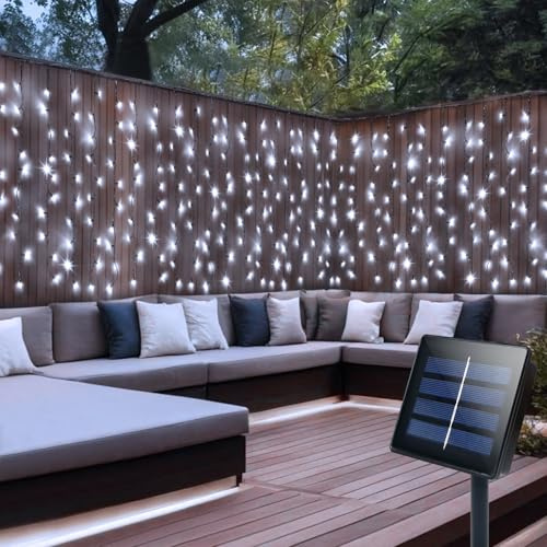 CCILAND Cortina de luces solares para exteriores, 4 m x 1 m, 200 luces LED, alambre verde, cascada, luces de hadas para dormitorio, jardín, patio, cenador, decoración - blanco frío