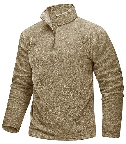 TACVASEN Fleece Pullover Herren 1/2 Zip Longsleeve Funktionsshirt Warm Wanderpullover Atmungsaktiv Sport Pulli (L, Khaki)