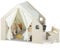 COSTWAY Kids Play Tent, Wooden Playhouse with Floor Mat, Blackboard, Storage Bin, Toddler Table and Chair Set for 3-6 Years Old