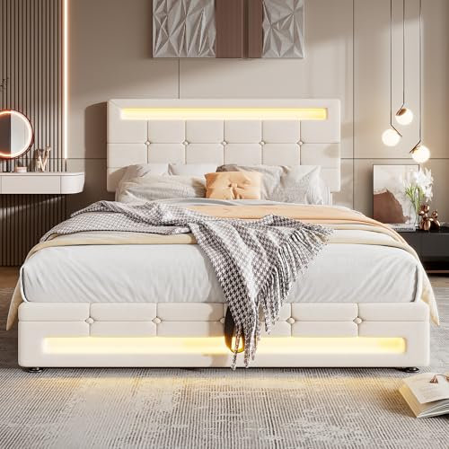 BTM 135x190cm Uphostered Double Bed, 4FT6 Double Bed with Storage, Double Bed Frame with Headboard and 7 Colors and 12 Dynamic Modes LED-Light Strips, Beige Velvet Bed