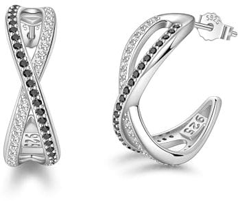 Lydreewam Infinity Creolen Silber 925 Hypoallergene Twisted Ohrringe Creolen für Damen with Schwarz Weiß Cubic Zirkonias, Durchmesser 20mm