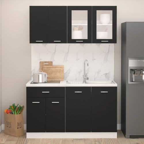 Willood Juego de Muebles de Cocina 4 Piezas Comedor Mobiliario Armario Estante Almacenaje Microondas Fregadero Lavavajilla Madera Contrachapada Negro
