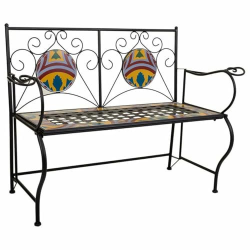 Bricoloco Outdoor Garden Bench for Home in Black Wrought Iron and Tile with Ethnic Motifs. 50 x 88 x 110 cm