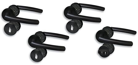 Rosettengarnitur II Türbeschlag im 4er Set, Edelstahl schwarz für 3 Zimmertüren mit Buntbartlochung und 1 Bad-WC-Tür, Cliprosette Ø52mm, Türklinke, Türgriff