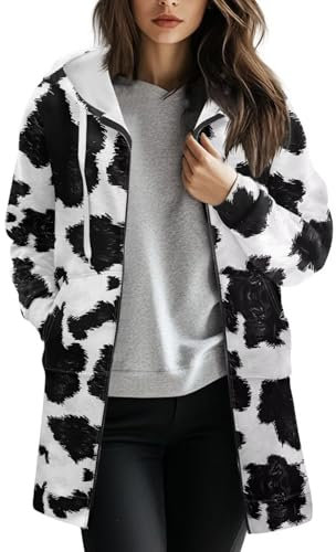 Suhoaziia Active Damen-Sweatshirt, langärmelig, Reißverschluss, Kapuzenpullover mit großer Tasche, lange Sweatshirts, Jacken, S-3XL, Kuhfell-Aufdruck, M