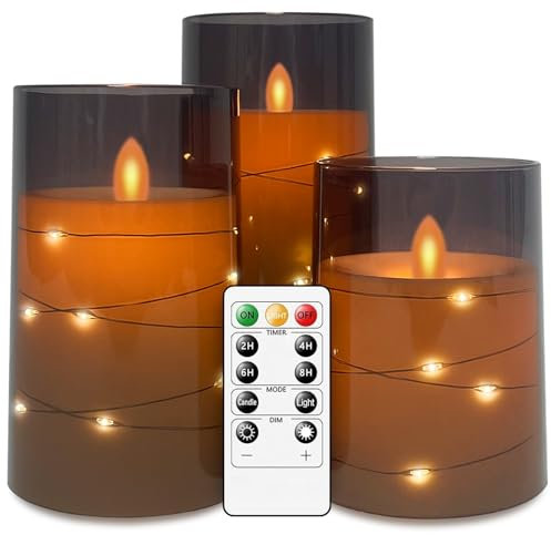 salipt LED Kerzen mit Fernbedienung Timer Funktion mit Glas Tasse, Flackernde Flammenlose, Echtwachskerze, Batteriebetrieben, LED Kerzen 3er Set 10,2/12,7/15,2 cm Hoch, Grau