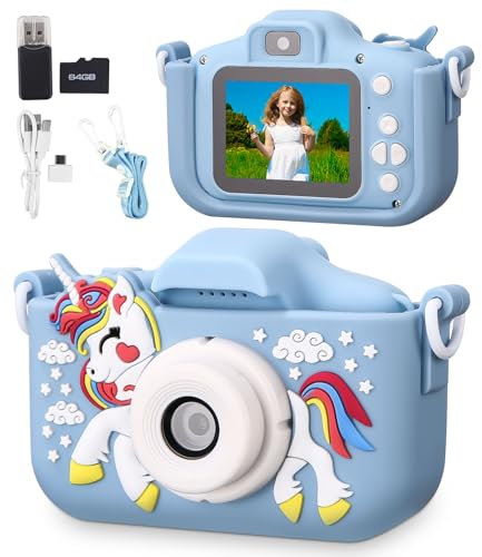 Appareil Photo pour Enfants,2.0 Pouces Enfant Appareil Photo Numérique, Mini Caméra Rechargeable Caméscope Cadeau Jouet Filles Garçons de 3 à 10 Ans, vidéo HD 1080p,64G SD Carte,Caméras Jeu Enfant