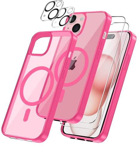 Coque Magnétique pour iPhone 15 avec 2 Pièces Verre Trempé Protection Écran + 2 Protections pour caméras, Anti-Rayures, Anti-Dérapante, Etui de Rose Rouge TPU Protection iPhone 15