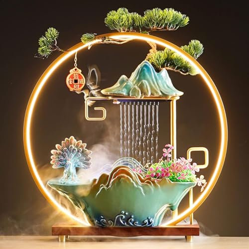 SYLUOQP Fountains à Eau de Table paacock en Cascade intérieure avec Une Fontaine de Bureau LED Light pour la méditation avec Brume Fontaine Japonaise avec de Fausses Plantes,D