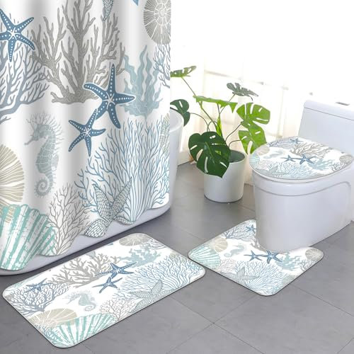 APROPHIC Ocean Duschvorhang Set 4 Teiliges Unterwasserwelt Meerestiere Badezimmer Set mit Duschvorhang und Teppich, Toilettendeckelmatte und U-Förmigem Pad Waschbar with 12 Haken