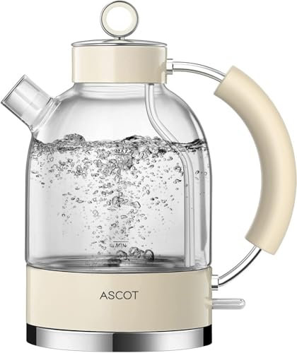 ASCOT Electric Kettle, Glass Electric Tea Kettle, Gift for Man/Women/Family, 1.5L Glass Tea Heater & Hot Water Boiler, BPA-Free, Auto Shut-Off Boil-Dry Protection (Cream)