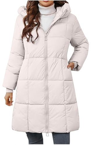 Daunenjacke Damen Lang Einfarbig Steppjacke Winterjacke Mit Kapuze Reißverschluss Steppmantel Warm Daunenmantel Langärmlig Pufferjacke Wintermantel Windbreaker Windjacke Kapuzenjacke(Beige,XL)