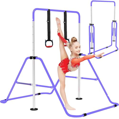 OZE SPORTS Kids Gymnastics Bar Kip Trainer with Rings – Adjustable Height, Sturdy & Safe Training Horizontal Bar for Home Practice, Foldable Gymnastics Equipment for Boys & Girls (Purple)
