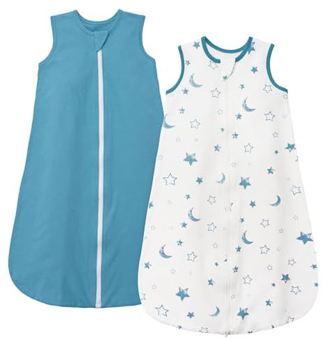 SIMYJOY 2 Pack Gigoteuse 6-12 Mois Été 0.5 Tog Sac de Couchage Enfant 100% Coton Gigoteuse Été, Bleu & Étoiles et lune