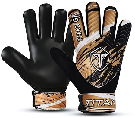 TITAN GK Fußball-Torwarthandschuhe, Fußball-Torwarthandschuhe für Kinder, Jugendliche mit 4 mm Latex-Handfläche, doppeltes Handgelenk (Gold/Schwarz, Größe 5, geeignet für 9–12 Jahre)
