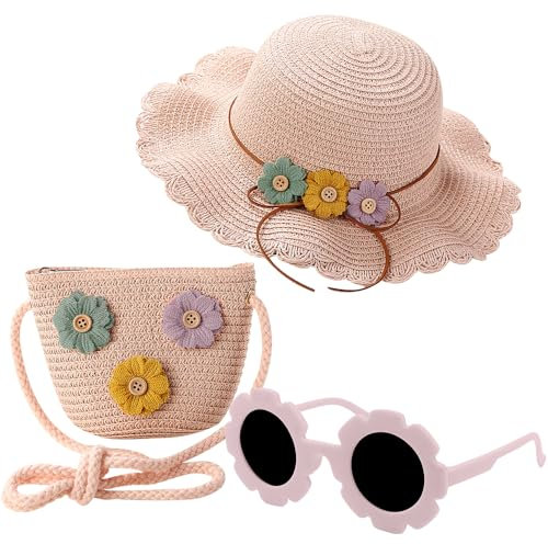 REYOK Girls Straw Hat and Mini Straw Cross Body Bag Sets with Sunglasses,Girl Foldable Wide Brim Hat Sun Protection Floppy Beach Cap for Girls Age 3-12 (UK, Age, One Size, Pink)