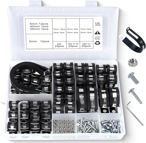 Dengthrive P Clips: 126PCS 304 Stainless Steel Hose Clips 10 Sizes 6/8/10/13/16/19/25/32/38/45MM with Two Kinds of Screws for Cable Cord Hose Tube DIY Enthusiasts Woodworkers Craftspeople