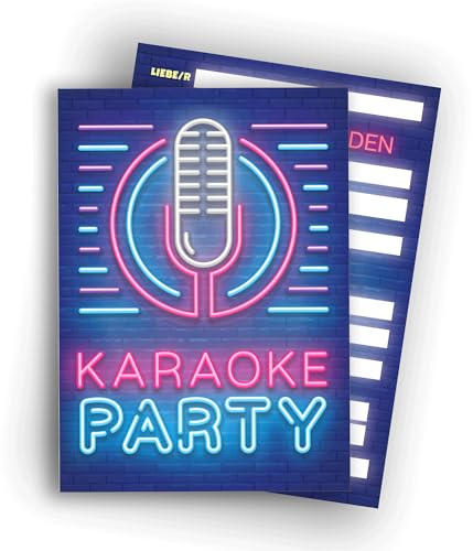 Edition Colibri Karaoke Party Einladungskarte – Neon Mikrofon Design – Coole Einladung für jede Feier | Set mit 10 flachen Karten (A6) – Rückseite zum Beschreiben