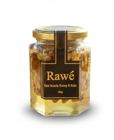 Rawé Raw Acacia Honey with Mixed Nuts, with Almonds, Walnuts, Pecan Nuts, Cashew Nuts and Pistachios, Unpasteurised (Mixed Nuts In Raw Honey)