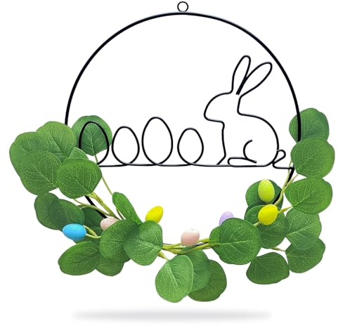 Dumeher Osterkranz Türkranz Ostern 30cm Osterdeko Fenster Hängend Frühlingsdeko Metallring Modern in schwarz Hasenkränze mit Osterei Künstliche und Eukalyptus für Fenster Tür