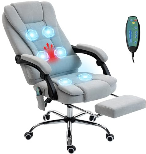Vinsetto Bürostuhl mit Massage und Heizung, ergonomischer Bürostuhl mit Verstellbarer Höhe, neigbarer Rückenlehne, Fußstütze, Kabelfernbedienung, 360° drehbar, Stoff in Leinenoptik, hellgrau