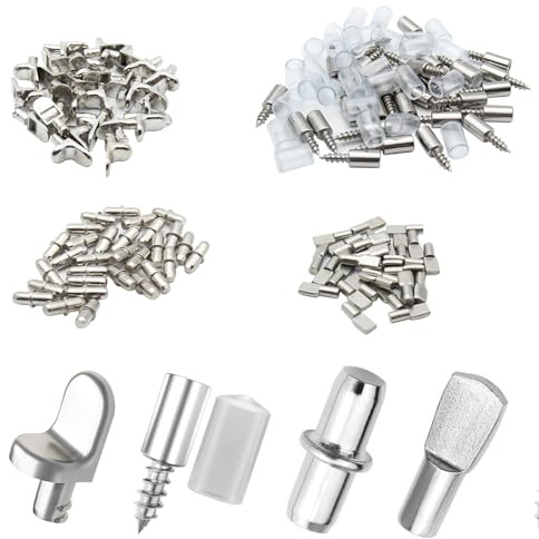 120 Pernos para Estantes de 5 mm, 4 Tipos de Soportes Baldas de Metal Niquelado, para Armarios, Cocina, Bibliotecas y Estanterías de Muebles