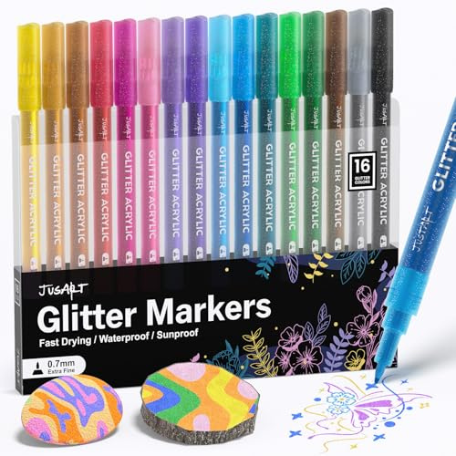 JusArt 16 Colors Glitter Paint Pens for Glass Marking, 0.7mm Fine Tip