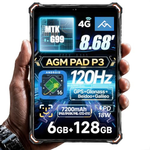 AGM PAD P3 Rugged Tablet 8.68 6GB+128GB Android 16 4G Industrial Tablet | IP68/IP69K rugged outdoor tablet | 120Hz sunlight visible screen | 7200mAh all-day battery | Android 16, 4G Dual SIM & NFC