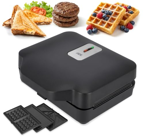 ADE 3-in-1 Sandwichmaker | Sandwichtoaster & Panini-Maker | 800W | Antihaft | Waffeleisen & Kontaktgrill mit 3 Wechselplatten | belgische Waffeln & goldbraune Toasts fürs Sonntagsfrühstück