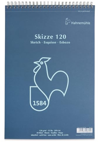 Hahnemühle Skizze 120 g/m², Skizzenblock, DIN A4, 50 Blatt, Zeichenblock, spiralisiert