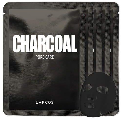 LAPCOS Charcoal Leaf Mask, Daily Face Mask with Salicylic Acid and Tea Tree Oil for Detoxification and Firming Skin, Korean Beauty Favorite, Pack of 5
