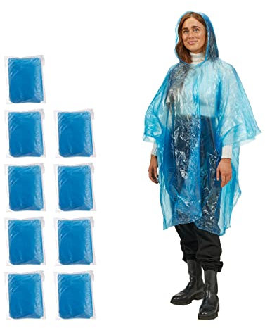 Relaxdays Regenponcho Einweg, 10er Set, Einmal Regencape mit Kapuze, für Erwachsene, Notfallponcho Damen & Herren, blau Einheitsgröße