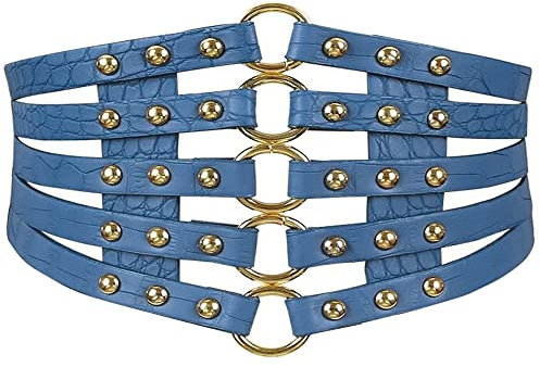 MEGAUK Damen Leder Gürtel Breit Nieten Elastischer Taillen Vintage Hüftgürtel Bindegürtel Lolita Korsett Mit Ring Schnalle Design (Blau)