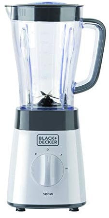BLACK+DECKER BXJB500E - Blender mixeur 500W, bol en plastique 1.5L, 2 vitesses + Pulse, 4 lames en acier inoxydable, blanc et gris