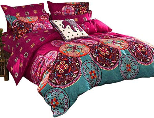 Loussiesd Copriletto bohémien per letto 230x220cm, decorazione etnica vintage floreale con 2 federe con cerniera, in morbida microfibra stile esotico, 3 pezzi