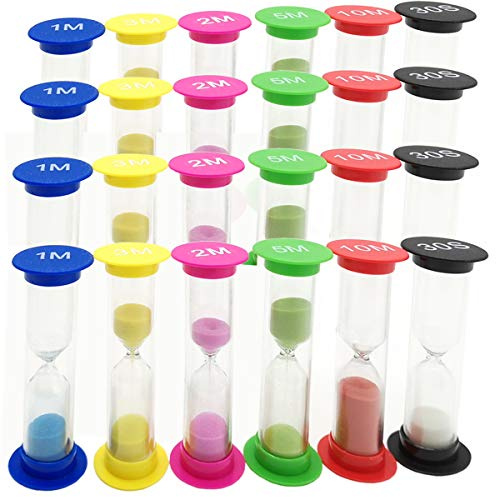 TIHOOD 24PCS Sand Timer Assortment Plastic Sand Clock Timer 30s / 1min / 2mins / 3mins / 5mins / 10mins for Adult Kids in Classroom Kitchen Games Office Multicolor