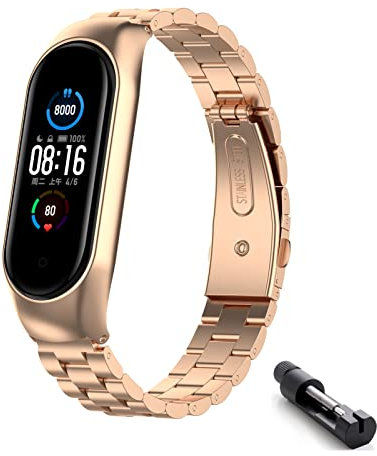 HYKEJI Metall Armband für Xiaomi Mi Band 6 / Xiaomi Mi Band 5 Armband, Xiaomi Mi Band 6/5 Verstellbare Edelstahl Ersatzbänder Armband Kompatibel mit Xiaomi Mi Band 6 / Mi Band 5 (Roségold)