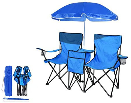 Yadlan Campingstuhl Zusammenklappbar, Strandstuhl Aluminium Klappbar Zwei Personen, Doppel-Campingstuhl Deluxe mit Sonnenschirm und KüHlfach, Faltbar Angelstuh, Leicht Zu Tragen